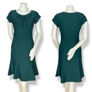 Retro Dress Bow Neckline Short Sleeves Women Green Pin-Up Girl Size Medium Bow